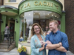 La Cache founder April Cornell poses with her son Kelly outside her store on Greene Ave. in Westmount, on Wednesday, July 22, 2015.