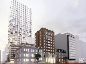 Artists's conception of a proposed 30-storey commercial tower at the site of the Maison Alcan at Sherbrooke and Stanley Sts.