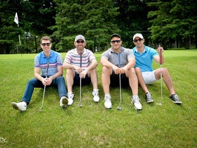 At the Just For Kids fundraising golf tournament on June 17, from left: Adam Shapiro, Eric Axler, Zack Elkaim, Ryan Hops. Photo by PBL Photography