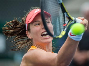 Johanna Konta of Great Britain hits a return against Stephanie Foretz of France during the women's final of the National Bank Granby Challenger tennis tournament in Granby, south of Montreal on Sunday, July 26, 2015.
