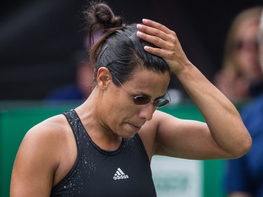 Stephanie Foretz of France reacts after missing a point against Johanna Konta of Great Britain during the women's final of the National Bank Granby Challenger tennis tournament in Granby, south of Montreal on Sunday, July 26, 2015.