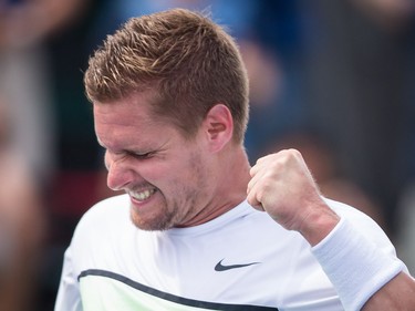 Vincent Millot of France reacts after scoring beating Philip Bester of Canada in the men's final of the National Bank Granby Challenger tennis tournament in Granby, south of Montreal on Sunday, July 26, 2015.