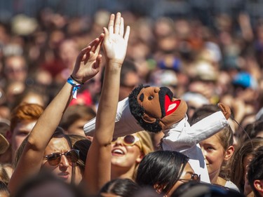 A hand puppet cheers among music fans during the performance by George Ezra on day one of the 2015 edition of the Osheaga Music Festival at Jean-Drapeau park in Montreal on Friday, July 31, 2015.