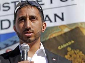 Deepan Budlakoti speaks to a small group of people outside the Supreme Court of Canada on his second day in court to have his Canadian citizenship reinstated Tuesday May 26, 2015.