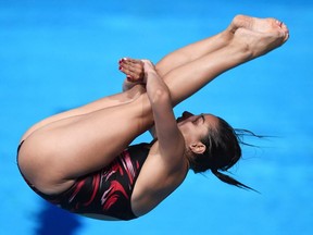 Pamela Ware of Montreal competes in the Women's 3m Springboard Diving semi-finals at the 16th FINA World Championships at the Aquatics Palace on July 31, 2015, in Kazan, Russia.