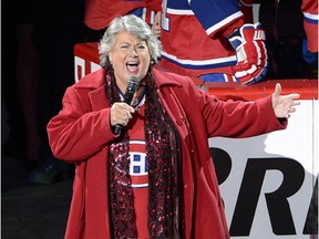 Ginette Reno sings the national anthems before Game 3 of the National Hockey League second round Stanley Cup playoffs between the Boston Bruins and the Canadiens on Tuesday, May 6, 2014, in Montreal.