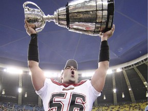 Randy Chevrier of the Calgary Stampeders celebrates after winning the 2008 Grey Cup final against the Montreal Alouettes at Olympic Stadium in Montreal.
