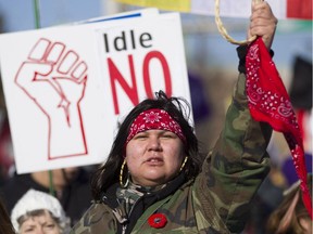 Idle No More protesters demonstrate at the base of the Ambassador Bridge in Windsor, Ont., in January 2013.