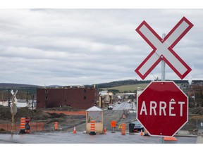A train crossing sign outside the reconstruction site in Lac-Mégantic, 270 kilometres east of Montreal.