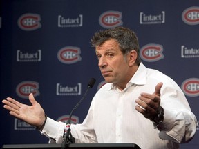 Montreal Canadiens general manager Marc Bergevin speaks to the media at a press conference Thursday, July 2, 2015 in Brossard, Que.