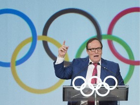 Canadian Olympic Committee President Marcel Aubut speaks during a World Sport Luncheon in Montreal, Thursday, July 9, 2015.