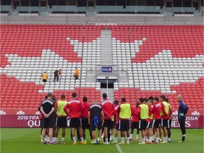 Members of the Canada's national men's soccer team practise at BMO Field in Toronto on Monday, June 15, 2015, ahead of their World Cup men's qualifying match against Dominica on Tuesday. Canada won the opening leg last week in Dominica 2-0.