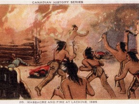 A depiction of the massacre and fire at Lachine in 1689.
