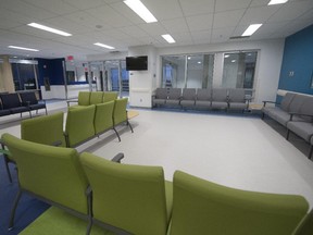 Adult emergency waiting room at the new McGill University Health Centre (MUHC) hospital on the new Glen site, seen here before the new facility opened.  The ER is now more crowded than other nearby ERs, an expected  phenomenon when a new hospital opens.
