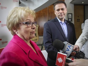 Mayor Colette Roy Laroche and Quebec Red Cross director general Michel Leveillé attended a press conference in Lac-Mégantic, 250 kilometres east of Montreal July 02, 2015.
