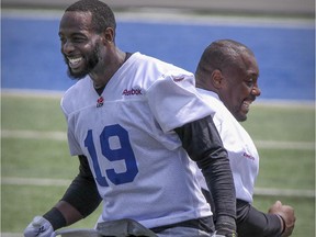 Offensive "consistency comes with time," says Alouettes receiver Nik Lewis, right, with S.J. Green during practice in July at Stade Hébert.