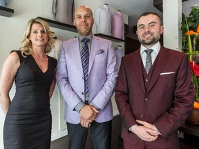 Mark Patrick (centre), the founder of Sartorialto, poses with his wife and co-owner Maud Marquis-Breton and designer Thomas Wickens at the high-end men's fashion store on Papineau Ave. in Montreal. The trio makes suits for a number of Canadiens players, including P.K. Subban, and general manager Marc Bergevin. (