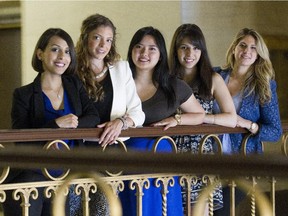Former and current Industrial engineering students at Concordia University, left to right, Shereen Ali, Dana Fruchter, Chyntia Sari, Anita Sarkissian and Alexa Ramia.  They are among a group who came up with an award-winning project this year that could significantly improve Pierre Elliot Trudeau Airport's contingency plans in the event of bad weather.