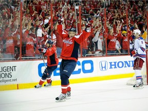 Alexander Semin celebrates after scoring the game- winning goal for the Washington Capitals against the New York Rangers in Game 4 of the Eastern Conference semifinals on May 5, 2012.