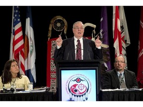 Former prime minister Paul Martin addresses the Assembly of First Nations congress, Thursday, July 9 in Montreal.