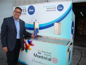 Photo of Pierrefonds-Roxboro borough Mayor Jim Beis beside the portable water bar that will be travelling around to various sporting events and concerts. Idea is to fill up rather than use single-use plastic water bottles. Photo courtesy of Pierrefonds-Roxboro