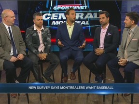 Sportsnet Central Montreal's Wilder Weir, centre, hosts a panel discussion with Sean Farrell, left, Jeremy Filosa, Alexandre Despatie and Elias Makos. The City TV program's new format consists mainly of panels and interviews, which are easier and cheaper to produce than  field segments.