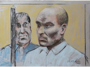 A court drawing done in St-Jérôme north Montreal on Monday, March 16, 2015 of ski instructor Bertrand Charest at a bail hearing.