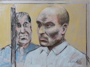 A court drawing done in St. Jérôme north Montreal on Monday, March 16, 2015 of ski instructor Bertrand Charest at a bail hearing.   (drawing by Mike McLaughlin)