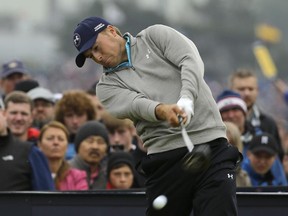 Jordan Spieth drives ball from the fourth tee during the final round at the British Open in St. Andrews, Scotland, on  July 20, 2015.