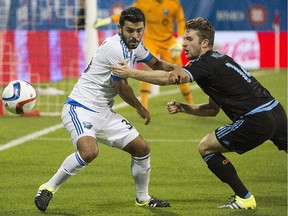 Montreal Impact's Victor Cabrera, left, challenges New York City FC's Patrick Mullins during second-half MLS soccer action in Montreal, Saturday, July 4, 2015.