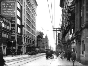 Corner Ste. Catherine and Stanley Sts., looking east, 1915
