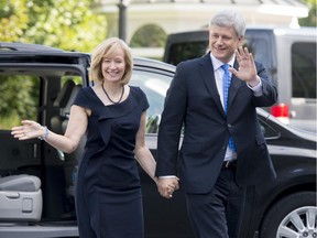 In this file photo from Sunday, Aug. 2, 2015, Prime Minister Stephen Harper visits Governor General David Johnston, along with his wife Laureen, to dissolve parliament and trigger an election campaign at Rideau Hall in Ottawa.