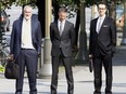 Nigel Wright, centre, former chief of staff to Prime Minister Stephen Harper, arrives at the Ottawa courthouse in Ottawa, Tuesday August 18, 2015 to testify at the Mike Duffy trial. THE CANADIAN PRESS/Fred Chartrand