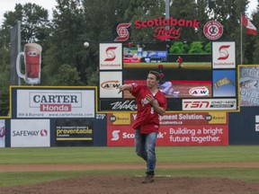 Montreal Canadiens forward Brendan Gallagher throws the ceremonial first pitch on Saturday, Aug. 8, 2015 before the Vancouver Canadians' 3-1 home-field victory over the Spokane Indians at Nat Bailey Stadium. CREDIT: Preston Emerson, GO Time Photography/Vancouver Canadians