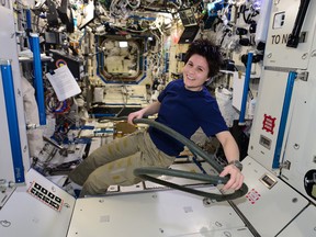 Italian astronaut Samantha Cristoforetti depressurizes part of the International Space Station to prepare for some vacuuming on Feb. 2, 2015 during her 200-day, record-breaking mission. Cristoforetti did part of her training for the mission at the Canadian Space Agency in St-Hubert, Que., in May 2012.