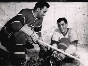 In this September 1948 photo, Montreal Canadiens forward Bob Fillion (left) has some on-ice fun with a younger brother, Jean-Marie.