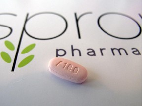 A tablet of flibanserin sits on a brochure for Sprout Pharmaceuticals in the company's Raleigh, N.C., headquarters.