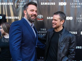Ben Affleck, left, and Matt Damon attend The Project Greenlight Season 4 première of The Leisure Class at The Theatre At The Ace Hotel on Monday, Aug. 10, 2015, in Los Angeles.