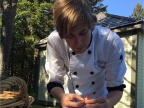 Chef Pierre-Olivier Ferry assembles his Métis Bloom Spoon at the Reford Gardens in Grand-Métis.