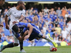 Chelsea's Diego Costa, right, and Swansea's Ashley Williams challenge for the ball during the English Premier League soccer match between Chelsea and Swansea City at Stamford Bridge stadium in London, Saturday, Aug. 8, 2015.(