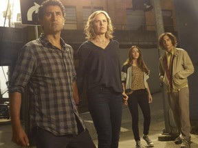 Cliff Curtis as Travis, Kim Dickens as Madison, Alycia Debnam Carey as Alicia  and Frank Dillane as Nick in the new series Fear the Walking Dead.