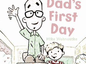 Cover illustration in part, by Mike Wohnoutka, for Dad's First Day, his tongue-in-cheek picture book about a father who has a hard time seeing his child head off for his first day at school.