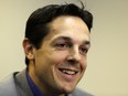 Danny Briere speaks during a news conference Tuesday, Aug. 18, 2015, in Voorhees, N.J.  Briere, the undersized center who went on to become an NHL All-Star and keyed the Philadelphia Flyers' run to the 2010 Stanley Cup Finals, has retired. Briere ended a 17-year career on Monday, that saw him play for the Phoenix Coyotes, Buffalo Sabres, Flyers, Montreal Canadiens and Colorado Avalanche.