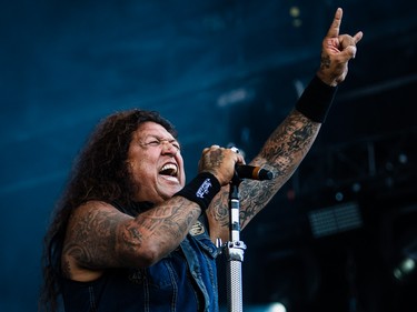 Chuck Billy of the American band Testament performs on day two of the Heavy Montreal music festival at Jean-Drapeau park in Montreal on Saturday, August 8, 2015.