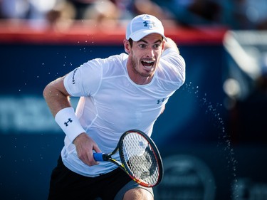 Andy Murray of Great Britain runts towards during the men's final against Novak Djokovic of Serbia  for the Rogers Cup Tennis Tournament at Uniprix Stadium in Montreal on Sunday, August 16, 2015.