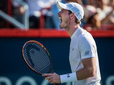 Andy Murray of Great Britain reacts after scoring a point against Novak Djokovic of Serbia during the men's final for the Rogers Cup Tennis Tournament at Uniprix Stadium in Montreal on Sunday, August 16, 2015.