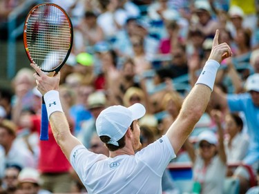Andy Murray of Great Britain reacts after defeating Novak Djokovic of Serbia in the men's final for the Rogers Cup Tennis Tournament at Uniprix Stadium in Montreal on Sunday, August 16, 2015.