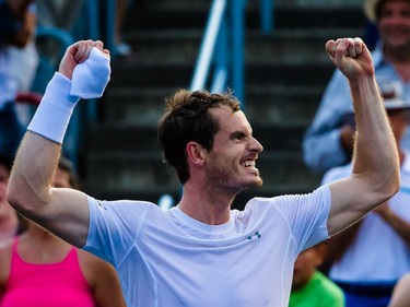 Andy Murray of Great Britain reacts after defeating Novak Djokovic of Serbia in the men's final for the Rogers Cup Tennis Tournament at Uniprix Stadium in Montreal on Sunday, August 16, 2015.