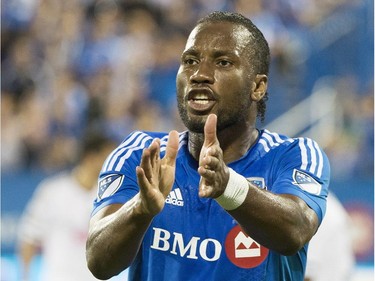 Montreal Impact's Didier Drogba reacts during second half MLS soccer action against the Philadelphia Union in Montreal, Saturday, August 22, 2015.