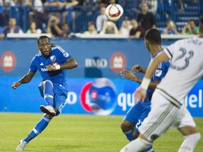 Montreal Impact's Didier Drogba takes a free kick against the Philadelphia Union during second half MLS soccer action in Montreal, Saturday, August 22, 2015.
